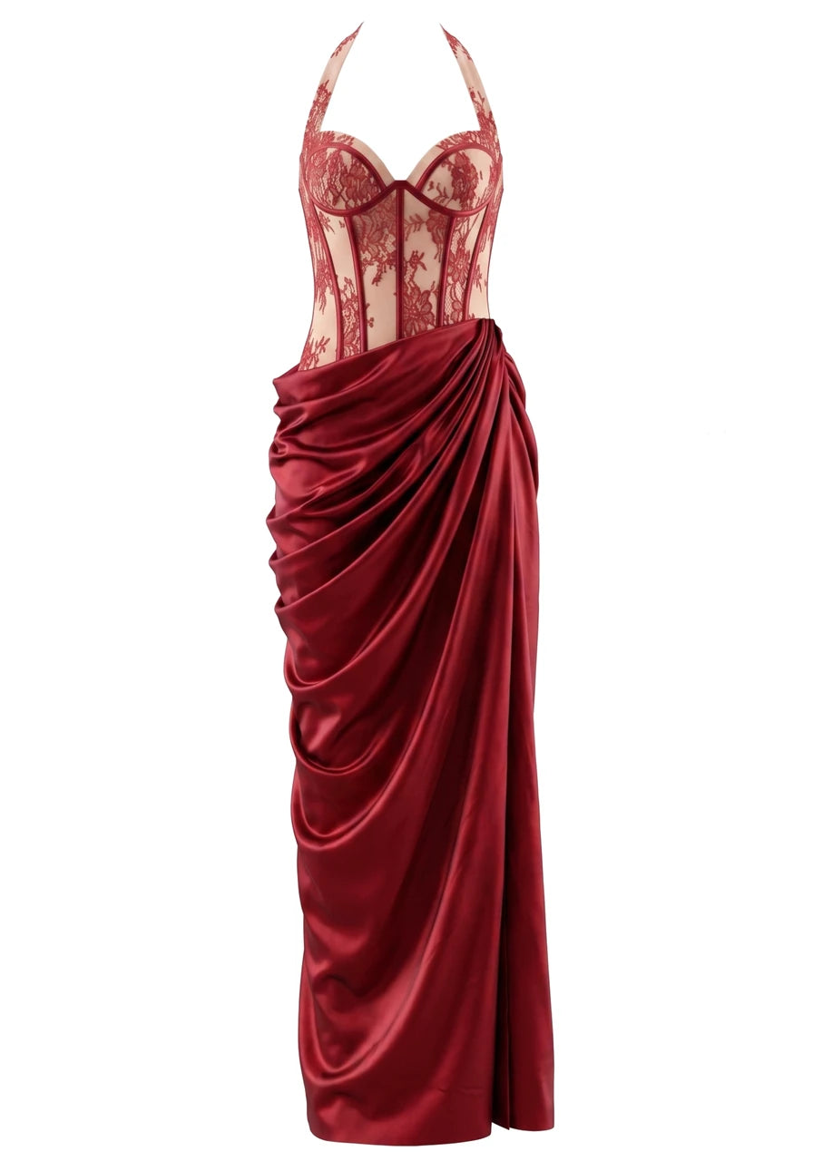 Halter Lace Corset Draped Maxi Dress HV3191