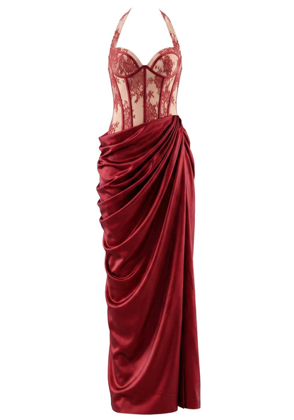 Halter Lace Corset Draped Maxi Dress HV3191