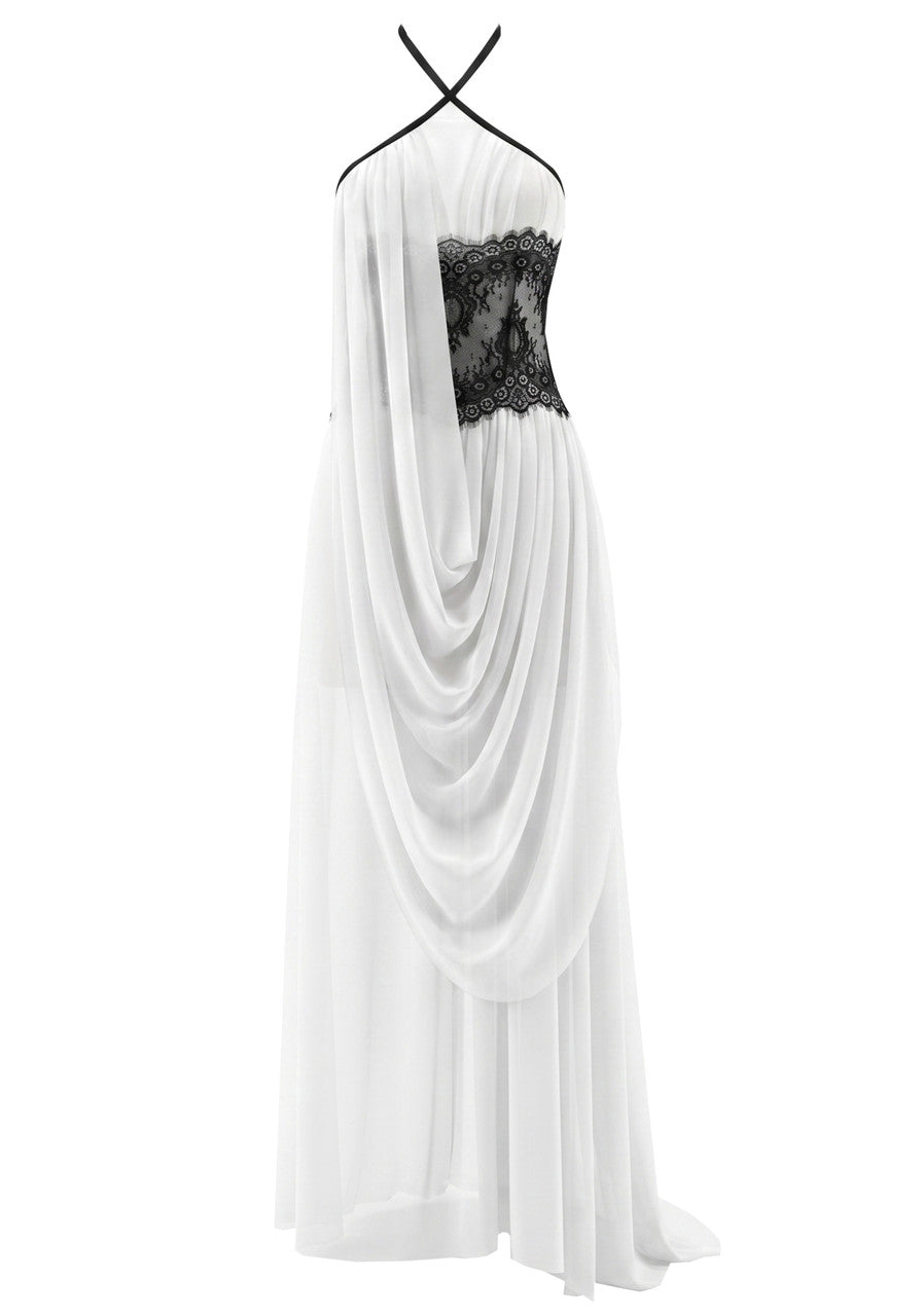 Halter Lace Insert Draped Maxi Dress White Black HV3151