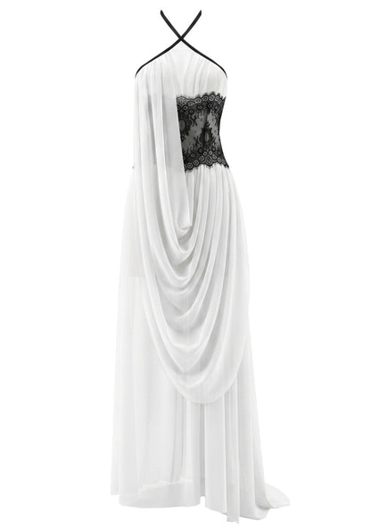 Halter Lace Insert Draped Maxi Dress White Black HV3151