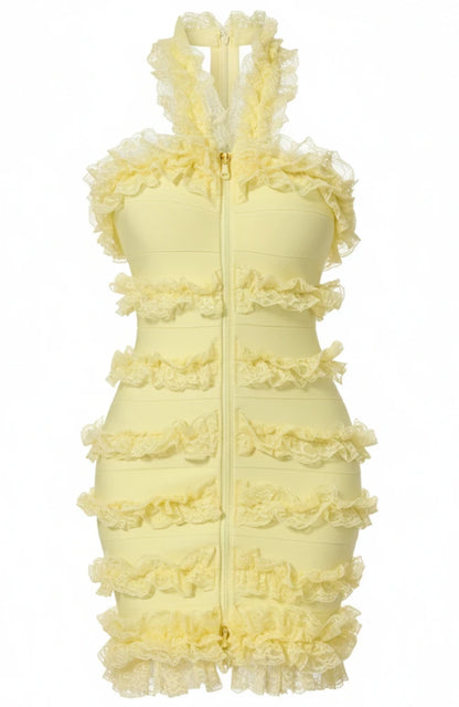Halter Lace Ruffle Dress Yellow HV2383