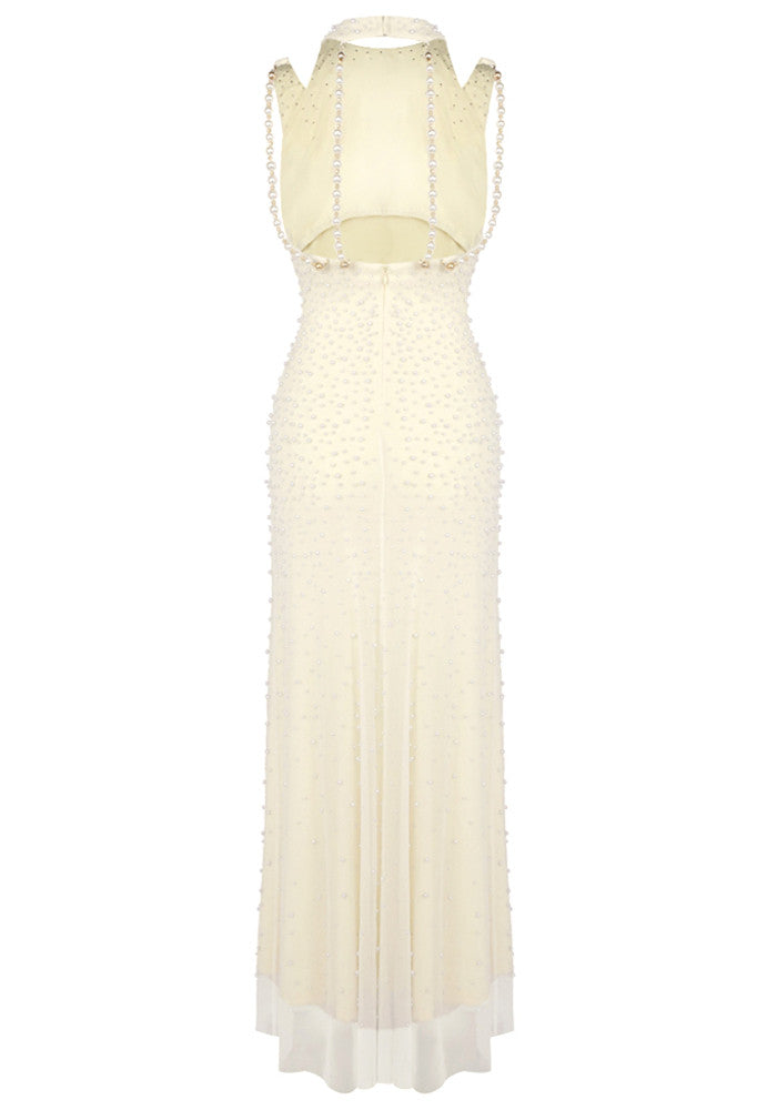 Halter Pearl Backless Maxi Dress Light Yellow HV2678