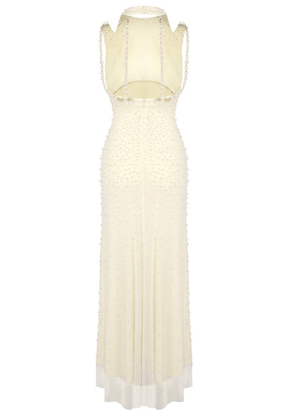 Halter Pearl Backless Maxi Dress Light Yellow HV2678