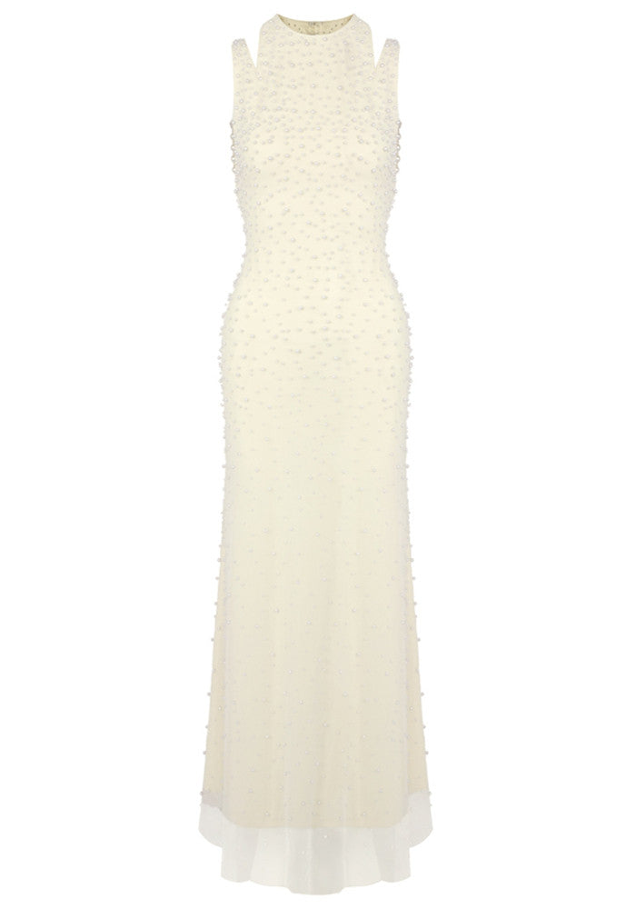 Halter Pearl Backless Maxi Dress Light Yellow HV2678