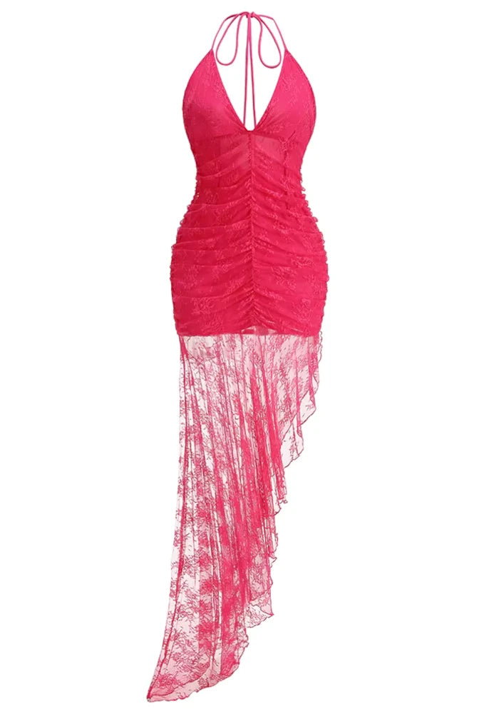 Halter Ruched Asymmetric Lace Maxi Dress HV3083