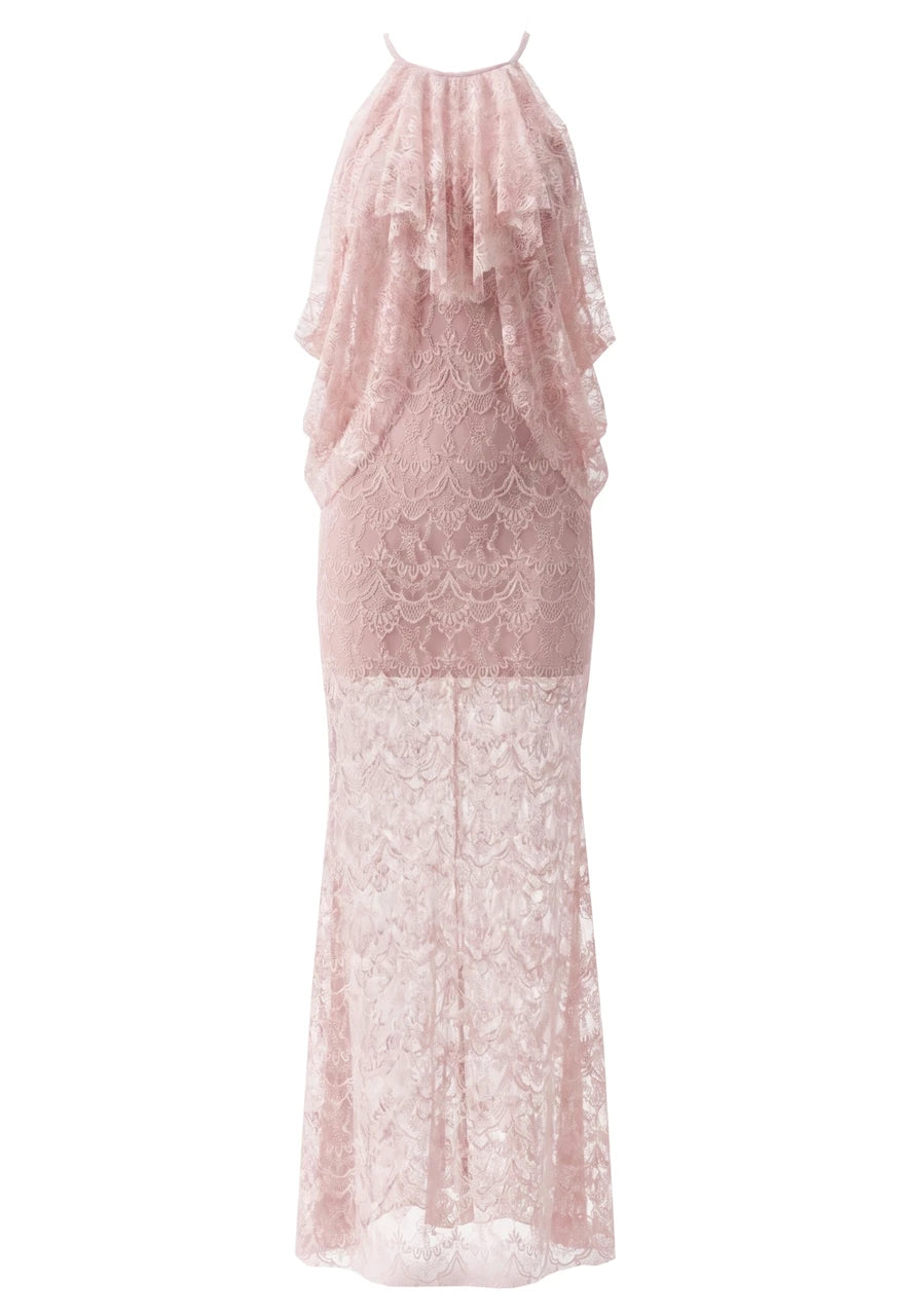 Halter Ruffle Draped Lace Maxi Dress Pink HV3190