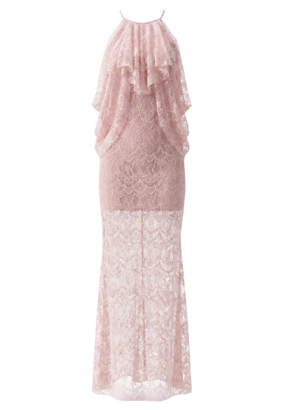 Halter Ruffle Draped Lace Maxi Dress Pink HV3190