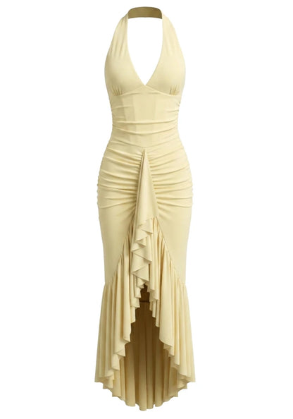 Halter Ruffle Detail Maxi Dress Yellow HV2961