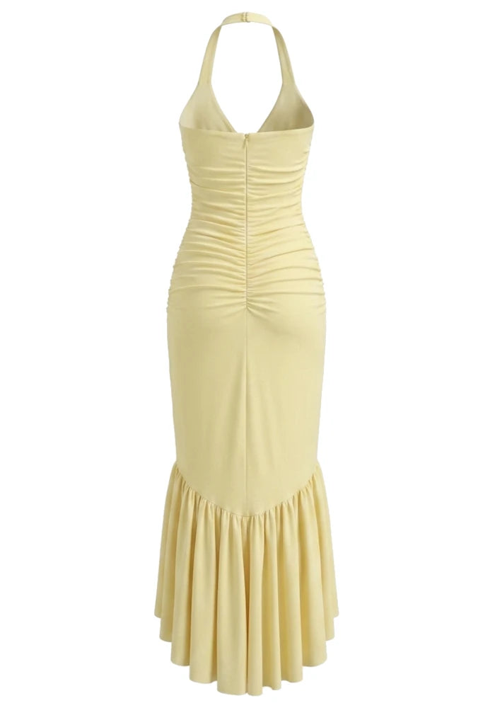 Halter Ruffle Detail Maxi Dress Yellow HV2961