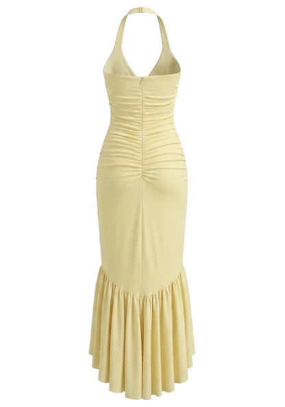 Halter Ruffle Detail Maxi Dress Yellow HV2961