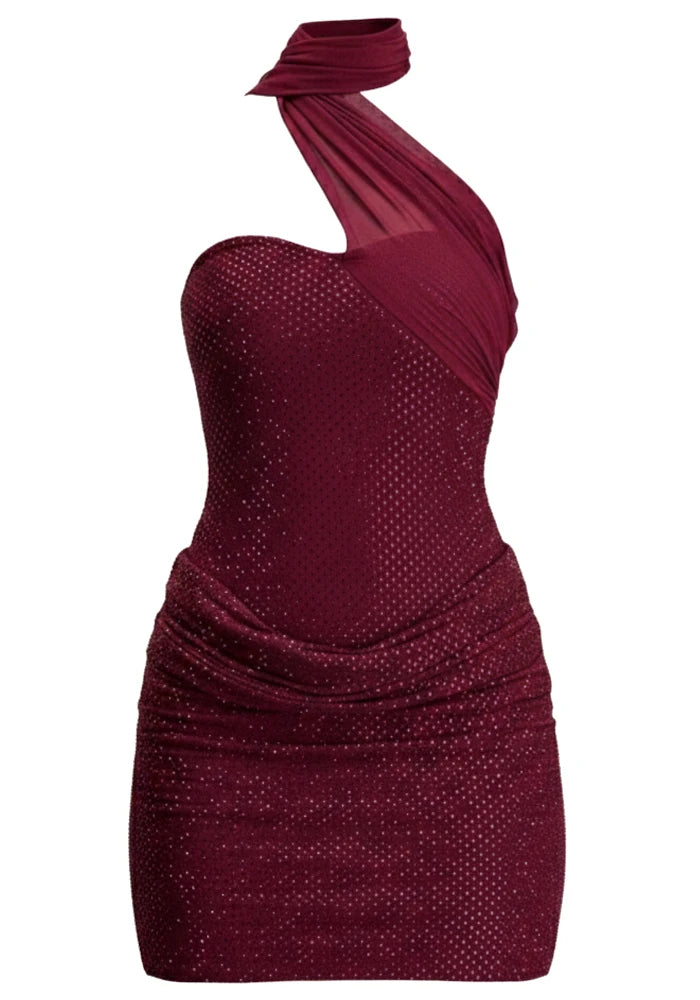 Halter Scarf Draped Sparkly Dress Burgundy HV2798
