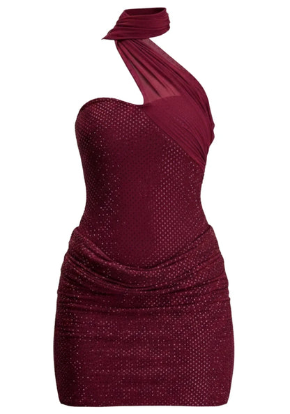 Halter Scarf Draped Sparkly Dress Burgundy HV2798