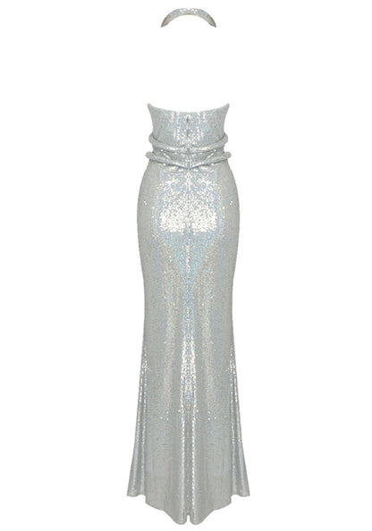 Halter Sequin Crystal Maxi Dress Silver