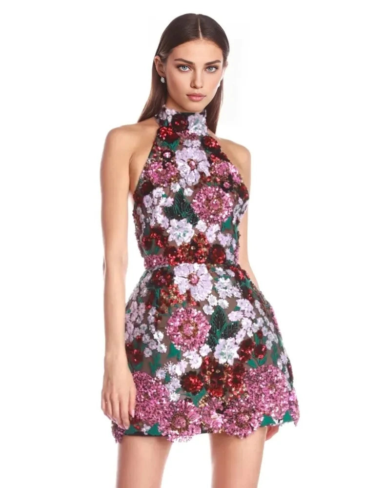 Halter Sequin Floral Dress Hot Pink Green HV2423