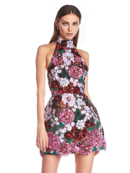 Halter Sequin Floral Dress Hot Pink Green HV2423