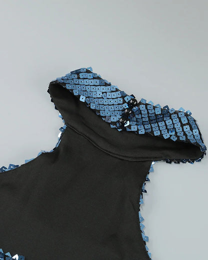 Halter Sequin Cut Out Maxi Dress Blue