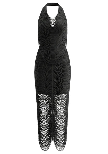 Halter Tassel Detail Maxi Dress Black HV3113