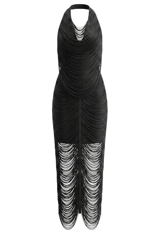 Halter Tassel Detail Maxi Dress Black HV3113