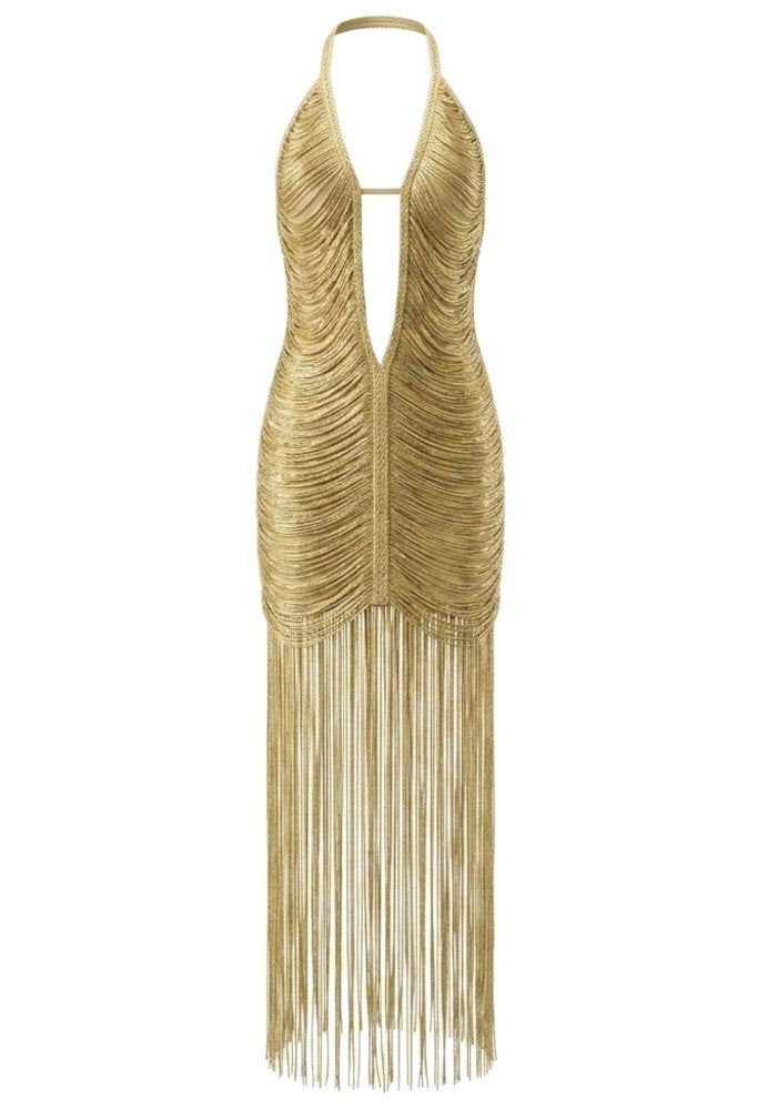 Halter Tassel Detail Maxi Dress Gold HV3109