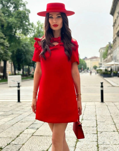 Short Sleeve Bow Detail A Line Dress Red  HV1361