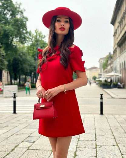 Short Sleeve Bow Detail A Line Dress Red  HV1361