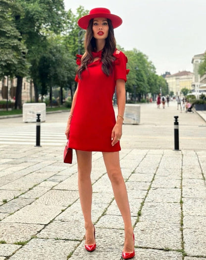 Short Sleeve Bow Detail A Line Dress Red  HV1361