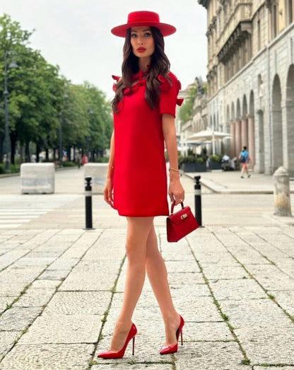 Short Sleeve Bow Detail A Line Dress Red  HV1361