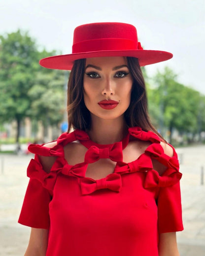 Short Sleeve Bow Detail A Line Dress Red  HV1361