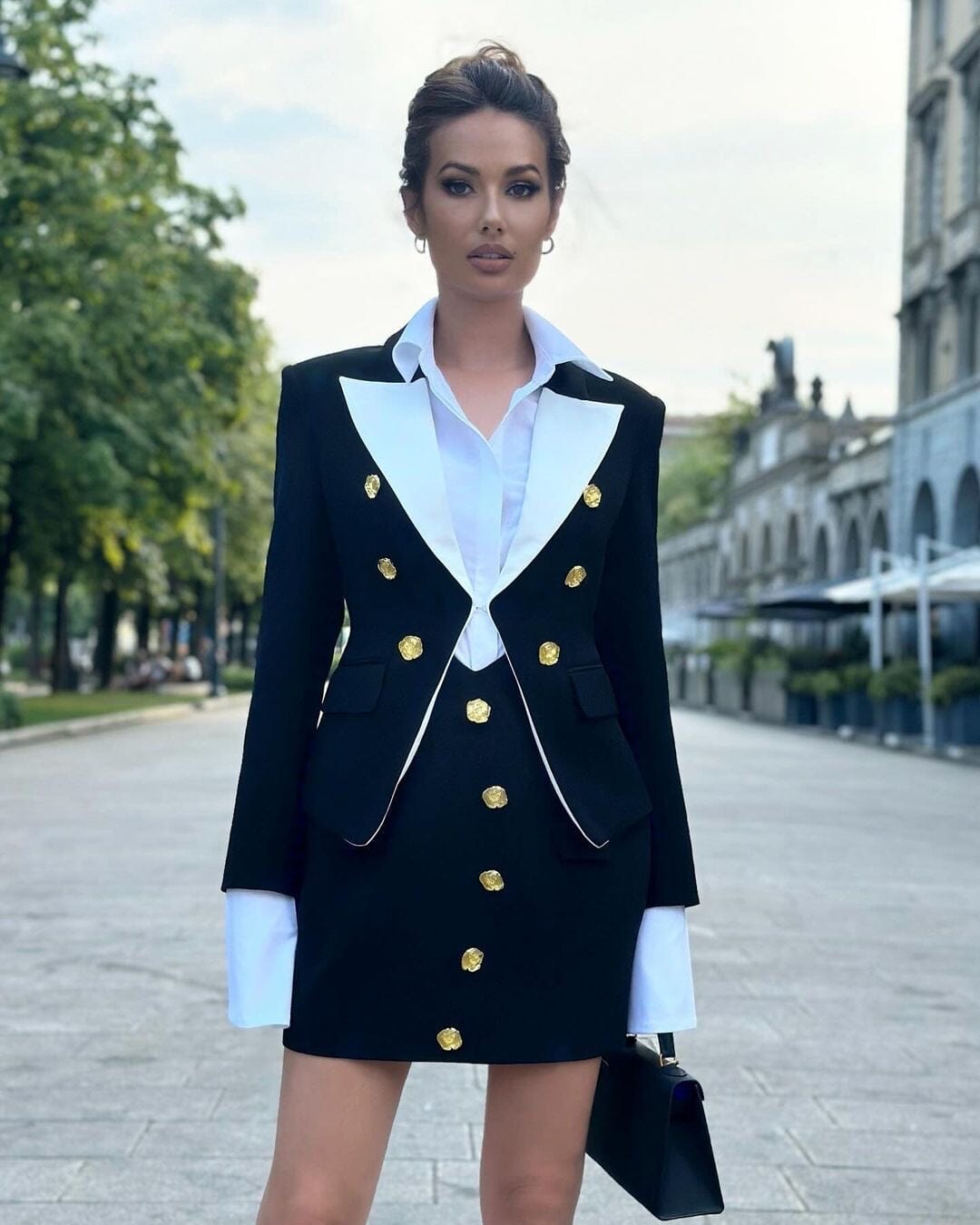 Blazer Skirt Suit Black White