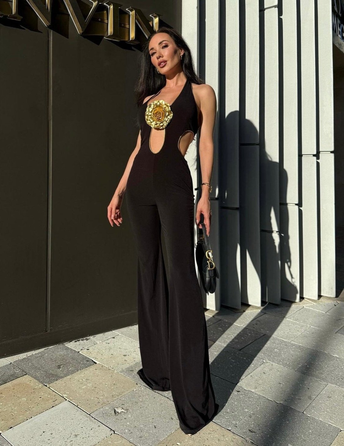 Halter Floral Jumpsuit Black Gold HV1638