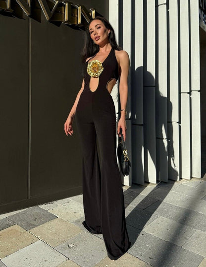Halter Floral Jumpsuit Black Gold HV1638