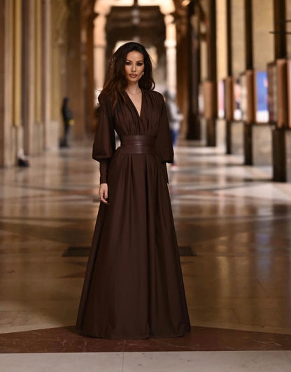 Long Sleeve Plunge V Neck Maxi Dress Brown HV1080