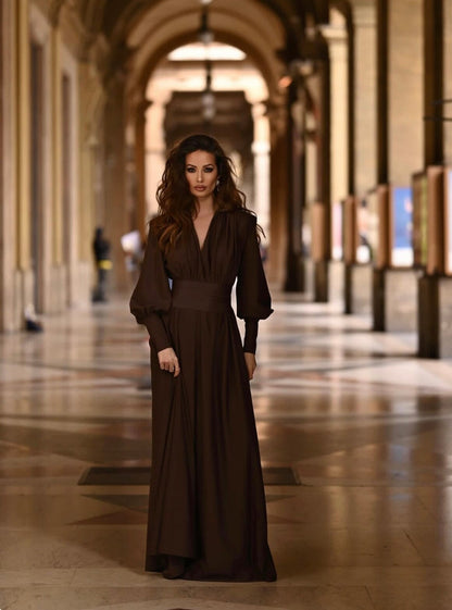 Long Sleeve Plunge V Neck Maxi Dress Brown HV1080