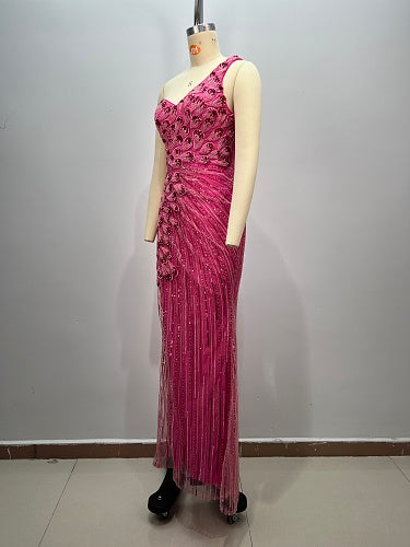 One Shoulder Sequin Maxi Dress Hot Pink HV2975
