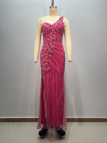 One Shoulder Sequin Maxi Dress Hot Pink HV2975