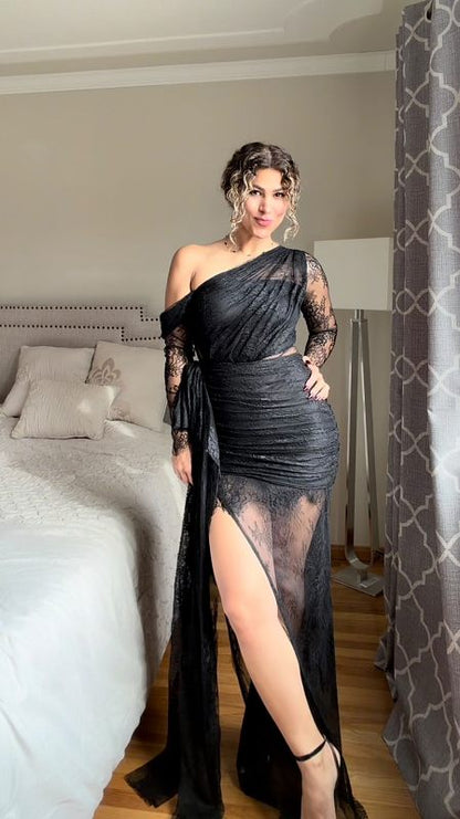 Long Sleeve Draped Lace Maxi Dress Black HV2976