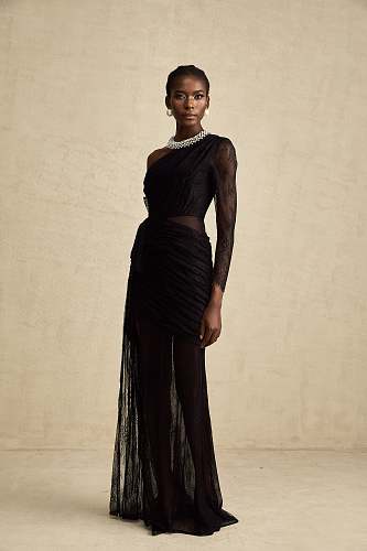 Long Sleeve Draped Lace Maxi Dress Black HV2976