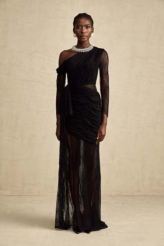 Long Sleeve Draped Lace Maxi Dress Black HV2976