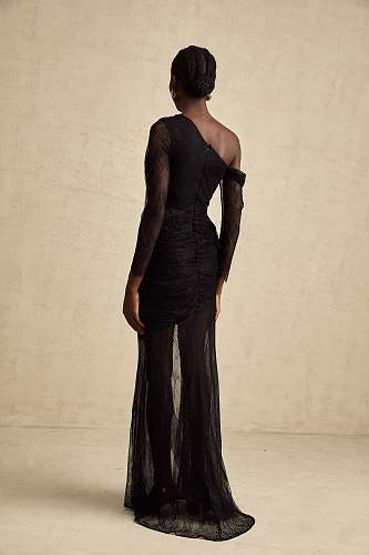 Long Sleeve Draped Lace Maxi Dress Black HV2976