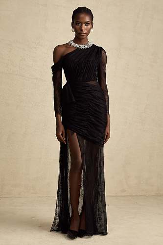 Long Sleeve Draped Lace Maxi Dress Black HV2976