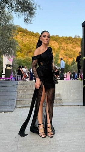 Long Sleeve Draped Lace Maxi Dress Black HV2976