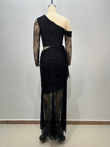 Long Sleeve Draped Lace Maxi Dress Black HV2976