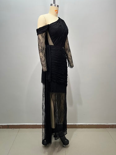 Long Sleeve Draped Lace Maxi Dress Black HV2976