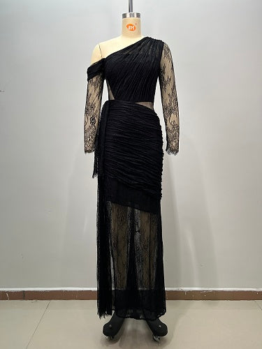 Long Sleeve Draped Lace Maxi Dress Black HV2976