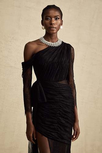 Long Sleeve Draped Lace Maxi Dress Black HV2976