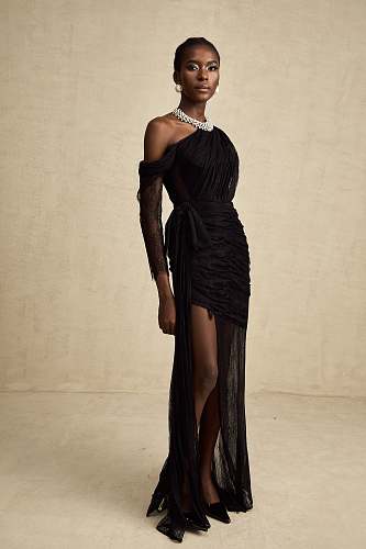 Long Sleeve Draped Lace Maxi Dress Black HV2976