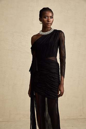 Long Sleeve Draped Lace Maxi Dress Black HV2976