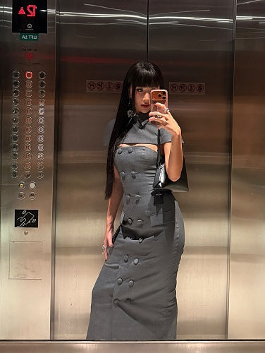 Collar Detail Strapless Maxi Dress Grey HV2977