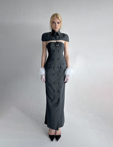 Collar Detail Strapless Maxi Dress Grey HV2977
