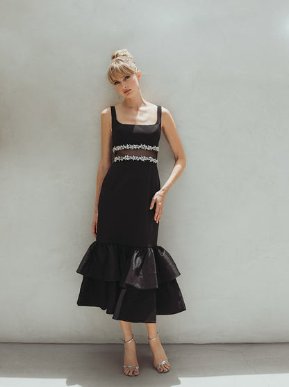 Crystal Mesh Ruffle Maxi Dress Black HV2978